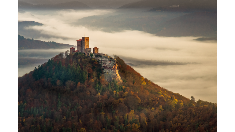 Trifels Castle on a foggy autumn morning