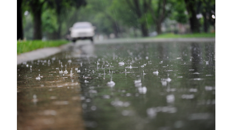 View of the street surface during rain.