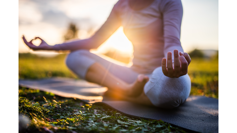 Close up of meditation in park at sunrise.