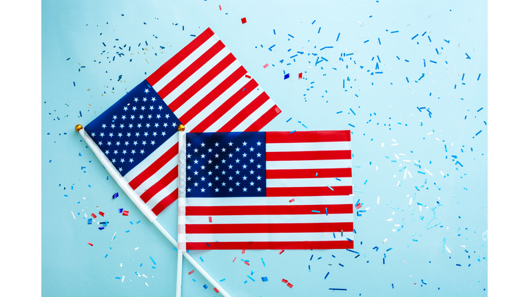 Flags of the United States, confetti. Flat lay for 4th of July, Independence Day.