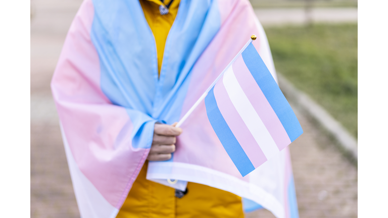 Woman covered with the transgender flag on a protest