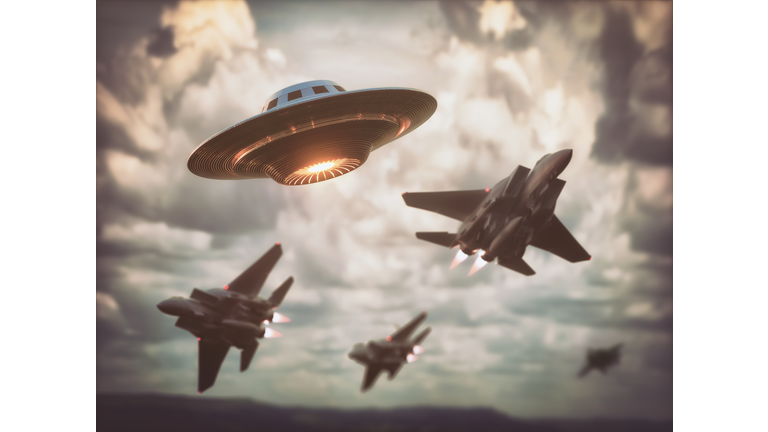 Fighter jets intercepting UFO, illustration