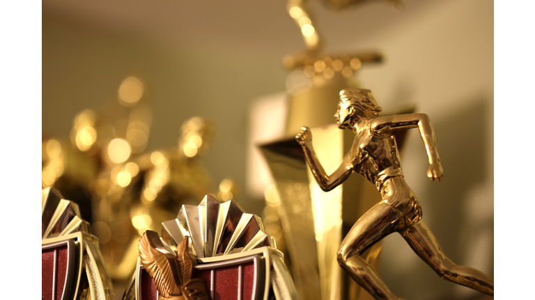 Trophy case with a collection of awards