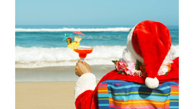 Christmas Santa Claus Enjoying Tropical Beach Vacation Holiday Travel