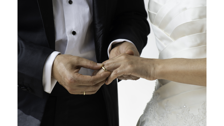 Midsection Of Couple Exchanging Wedding Ring