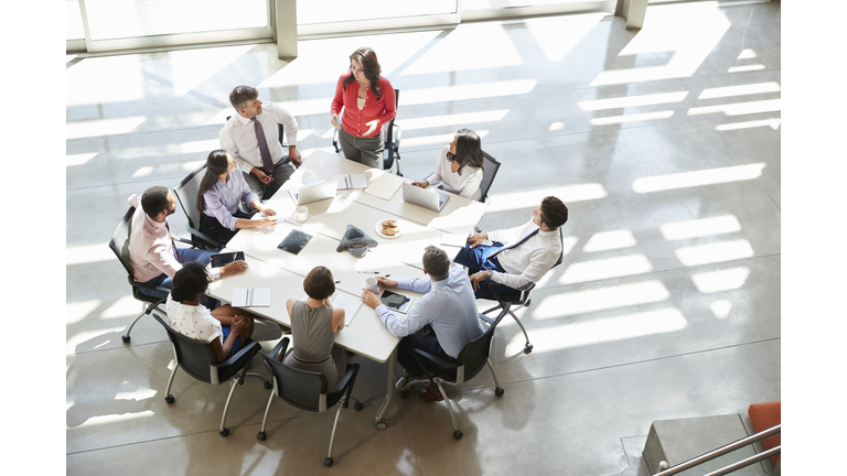 Businesswoman addressing team meeting, elevated view