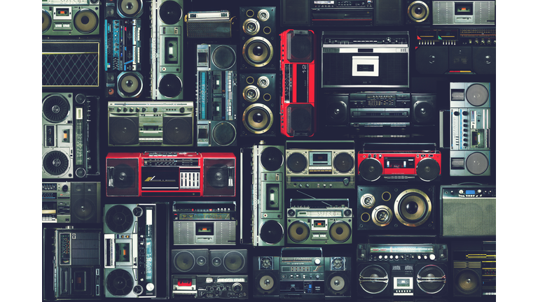 Vintage wall of radio boombox of the 80s