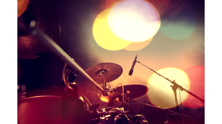 Musical background.Drumkit on stage lights performance