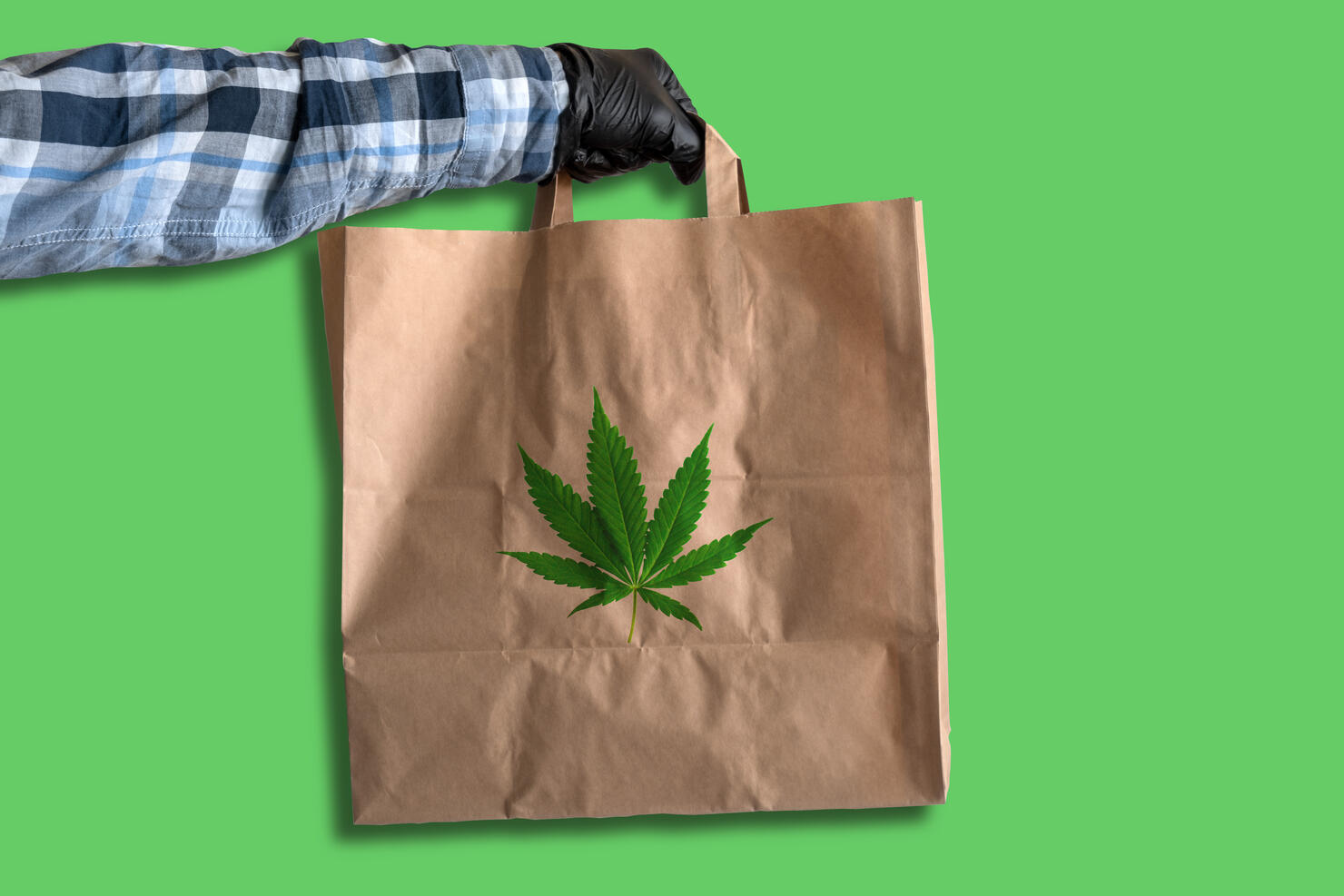 marijuana delivery concept, hand of courier in black gloves with package with cannabis leaf