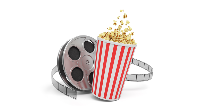 3d rendering of a video reel with video film stretching around a big bucket full of popcorn
