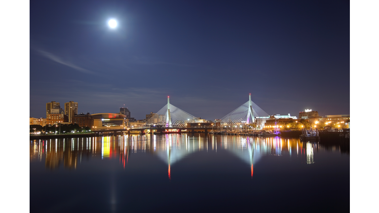 Full moon over the Zakim Bridge in Boston, Massachusetts