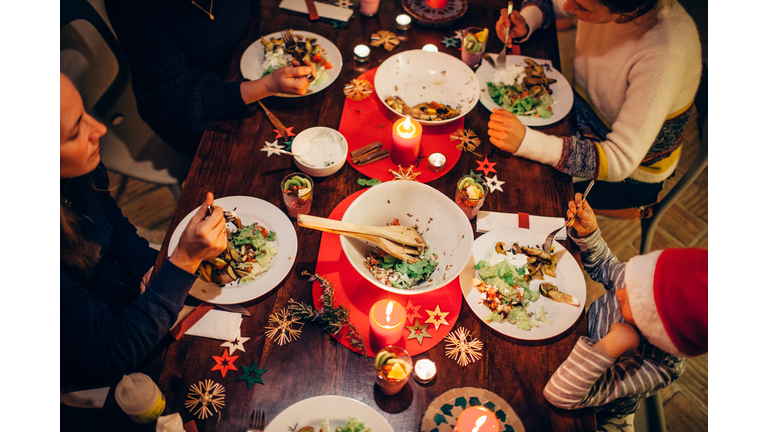 Family eating Christmas dinner