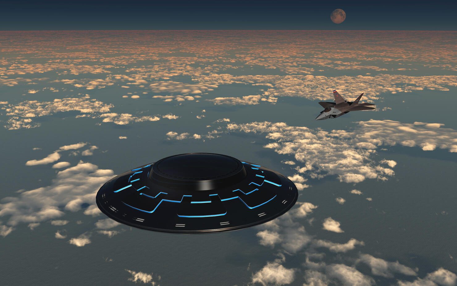 An American F-22 Raptor chasing a larger UFO in American airspace.