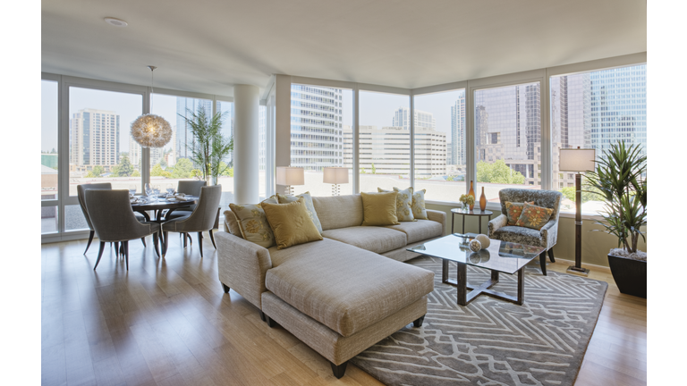 Living room and dining room in luxury highrise apartment