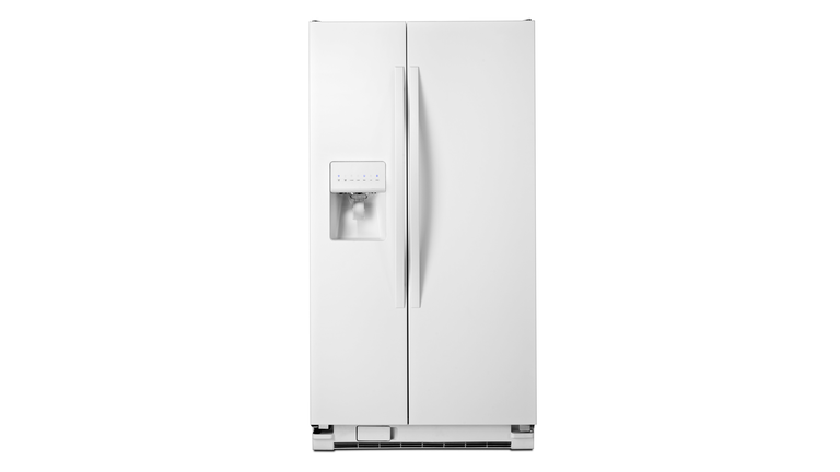 Double Door Refrigerator Isolated on White Background. Front View of White Side by Side American-Style Full Frost Free Fridge Freezer. Kitchen and Domestic Major Appliances