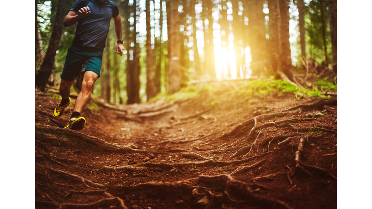Man trail running in the forest
