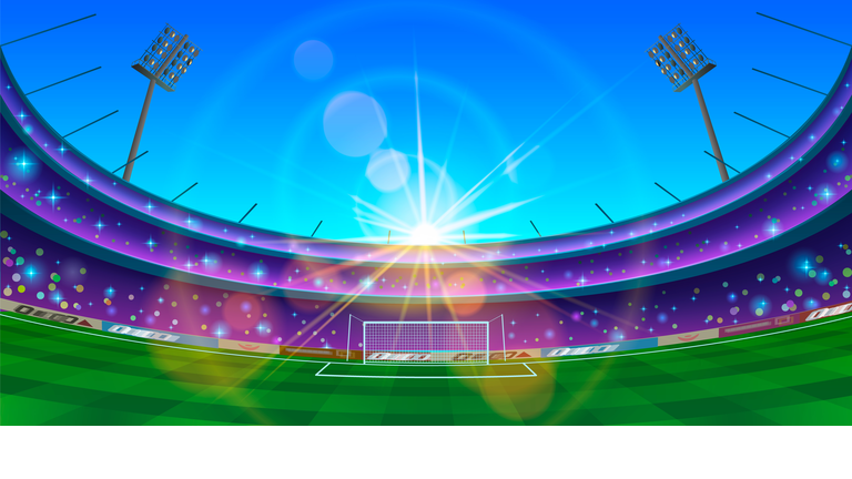 Illustration of football stadium in sunlight. Illustration of green field with gates on stadium lightened with sunshine.