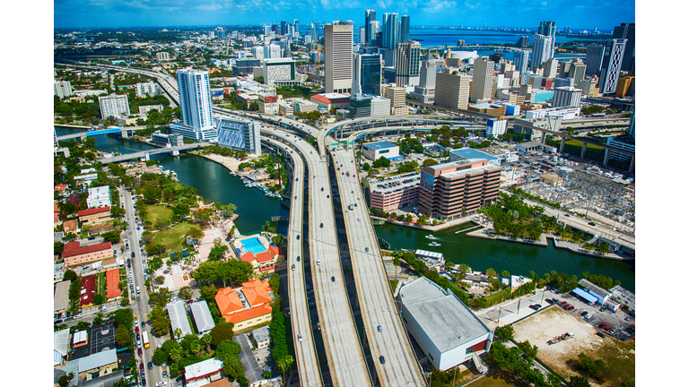 Merging Freeways In Downtown Miami Florida Aerial View