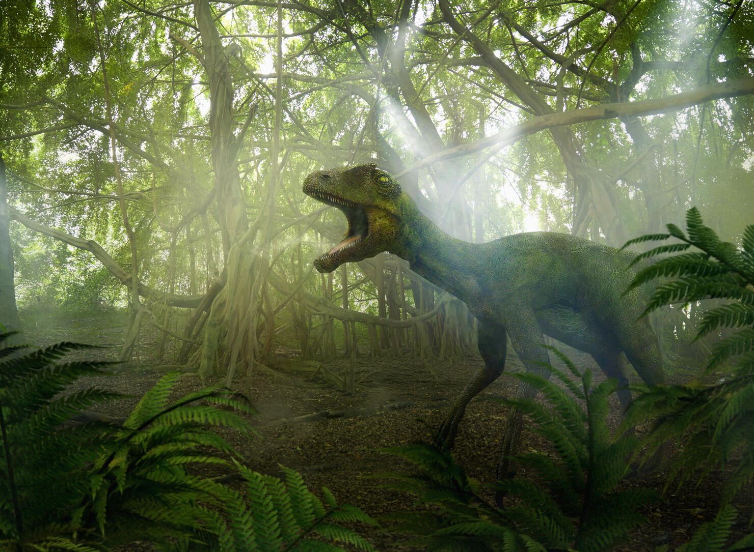 Dinosaur roaring in prehistoric jungle