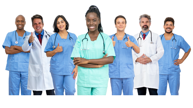 Happy african american female nurse with doctor and medical team
