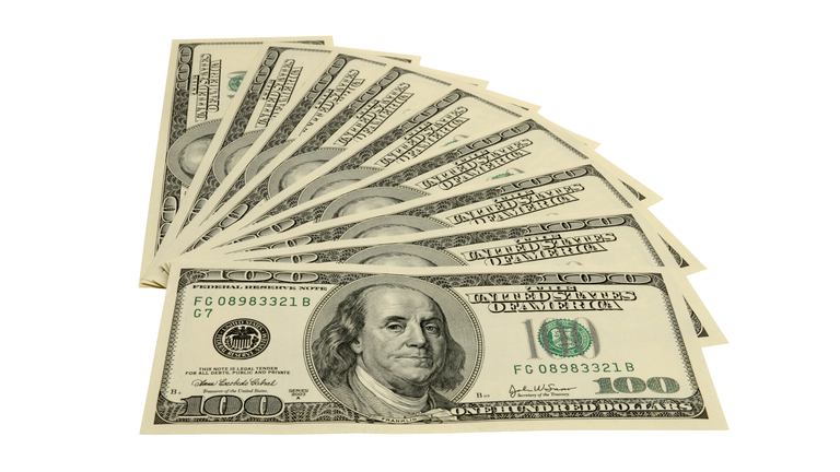 American One Hundred Dollar Bills Fanned, White Background, Clipping Path