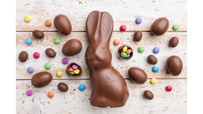 High Angle View Of Easter Chocolates On Table