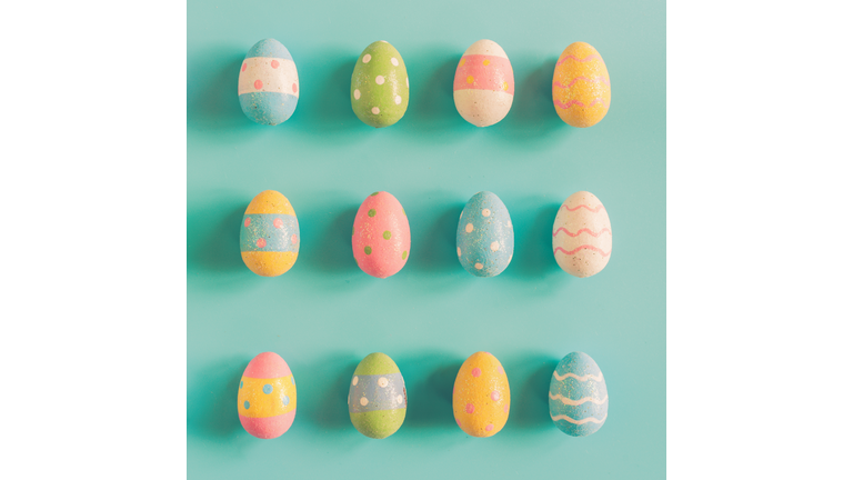 Directly Above Shot Of Easter Eggs Against White Background