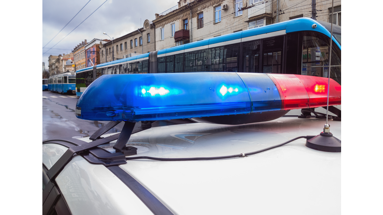 Flashing blue and red lights on the roof of a police patrol car on the background of a street.