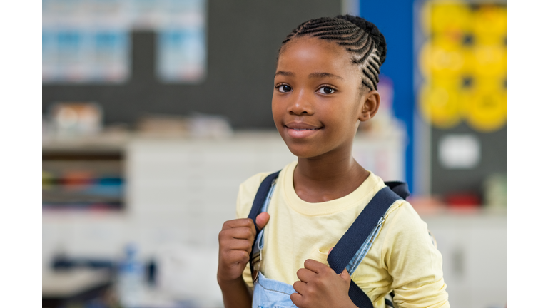 Girl wearing backpack at school