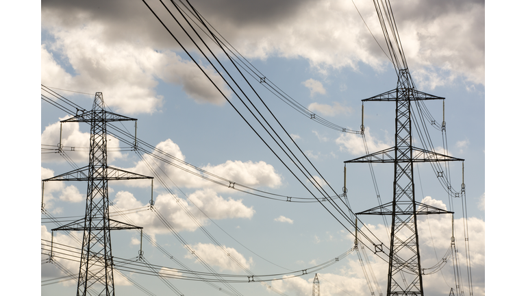 Pylons carrying electricity from Ratcliffe on Soar coal fired power station in Nottinghamshire, UK.