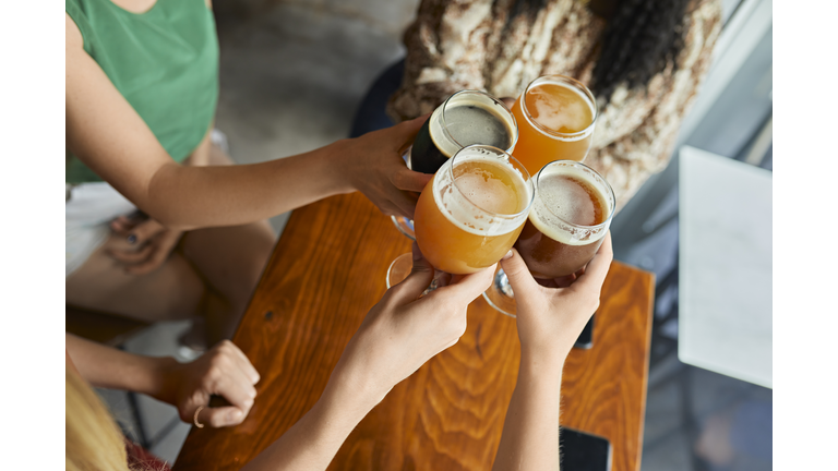 Female friends clinking craft beer glasses in a pub