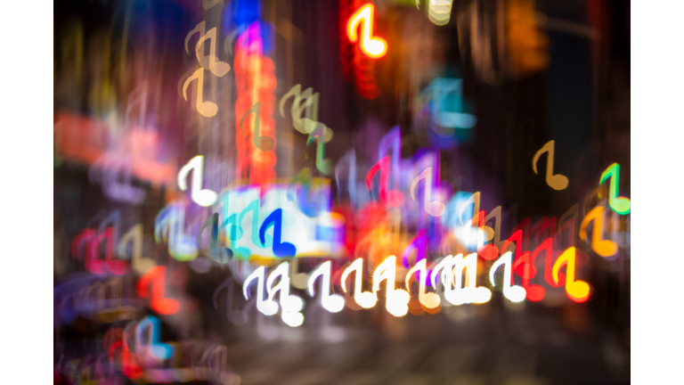 Defocused city lights in Music Note shape.