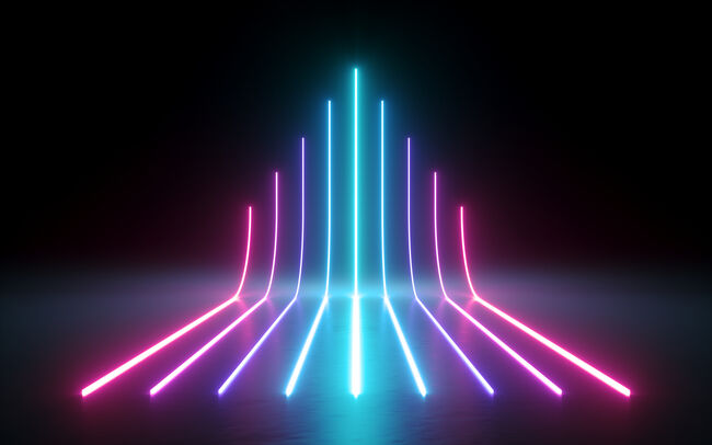 3d render, abstract minimal background, glowing lines going up, arrow, chart, pink blue neon lights, ultraviolet spectrum, laser show