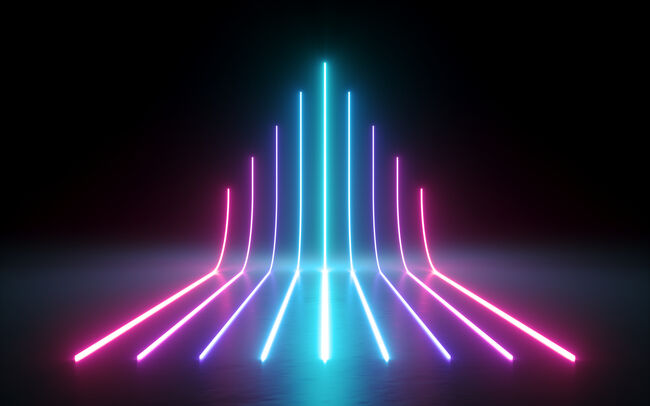 3d render, abstract minimal background, glowing lines going up, arrow, chart, pink blue neon lights, ultraviolet spectrum, laser show