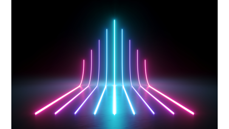 3d render, abstract minimal background, glowing lines going up, arrow, chart, pink blue neon lights, ultraviolet spectrum, laser show
