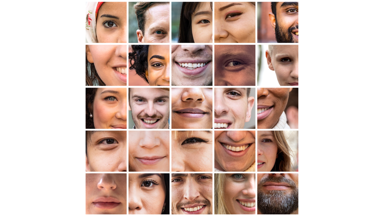 Collage of smiling and happy multiethnic people