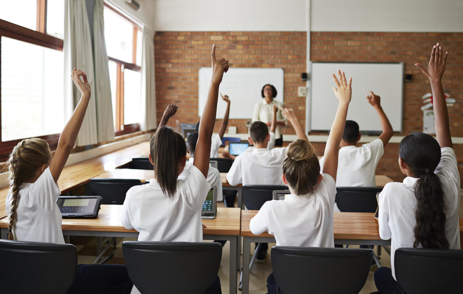 Back view of schoolclass with raised hands