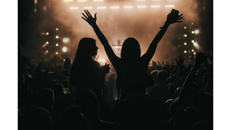 Two woman in the crowd at a music festival