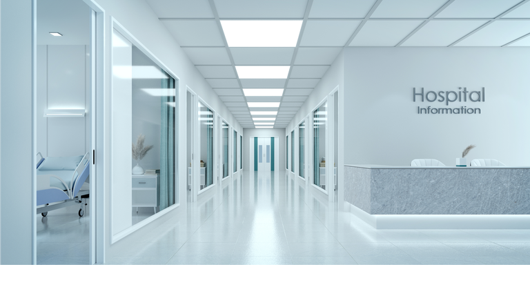 Empty corridor in modern hospital with information counter and hospital bed in rooms.3d rendering