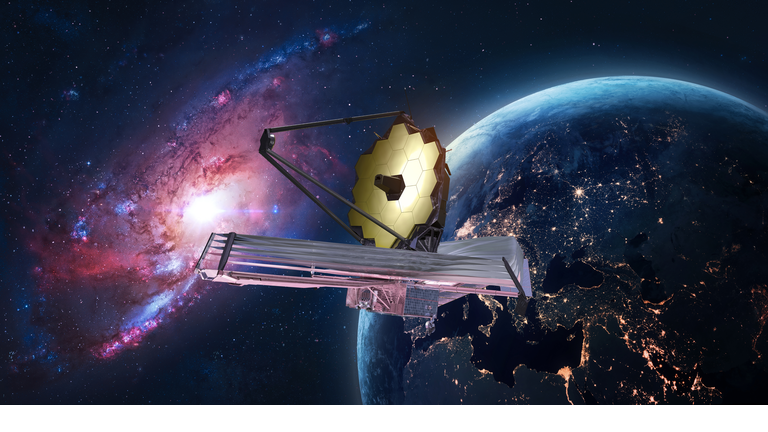 JWST in outer space. James Webb telescope far galaxy explore. Sci-fi space collage. Astronomy science. Elemets of this image furnished by NASA
