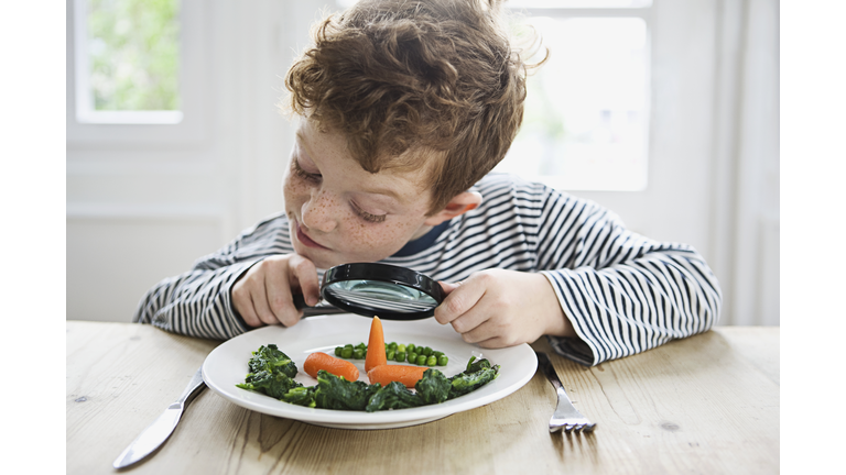 Boy (7-9) peering over magnifying glass on dinner