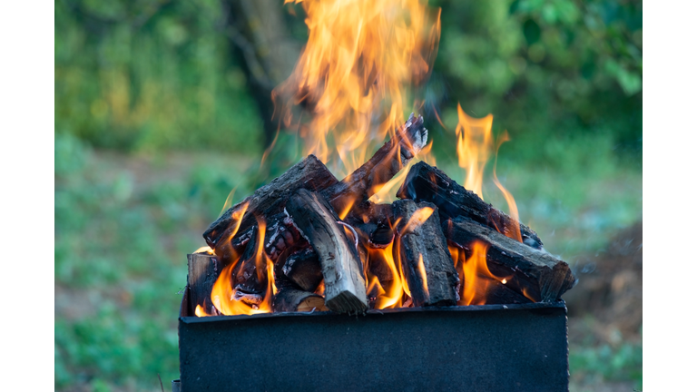 smoldering embers of a bonfire on the grill against the background of green grass in the yard