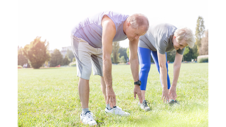 Fit senior couple doing toe touching exercise in park