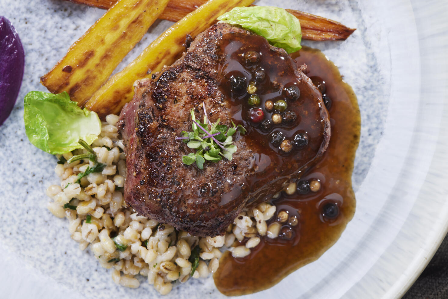 Seared Bison Fillet Steak with Creamy Mushroom Herb Barley