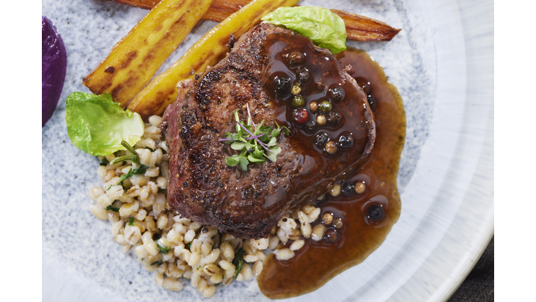 Seared Bison Fillet Steak with Creamy Mushroom Herb Barley