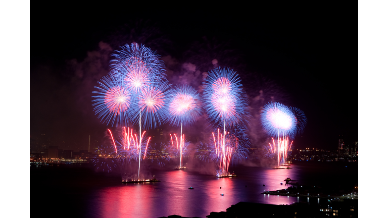 4th of July Macys fireworks display on Hudson River.