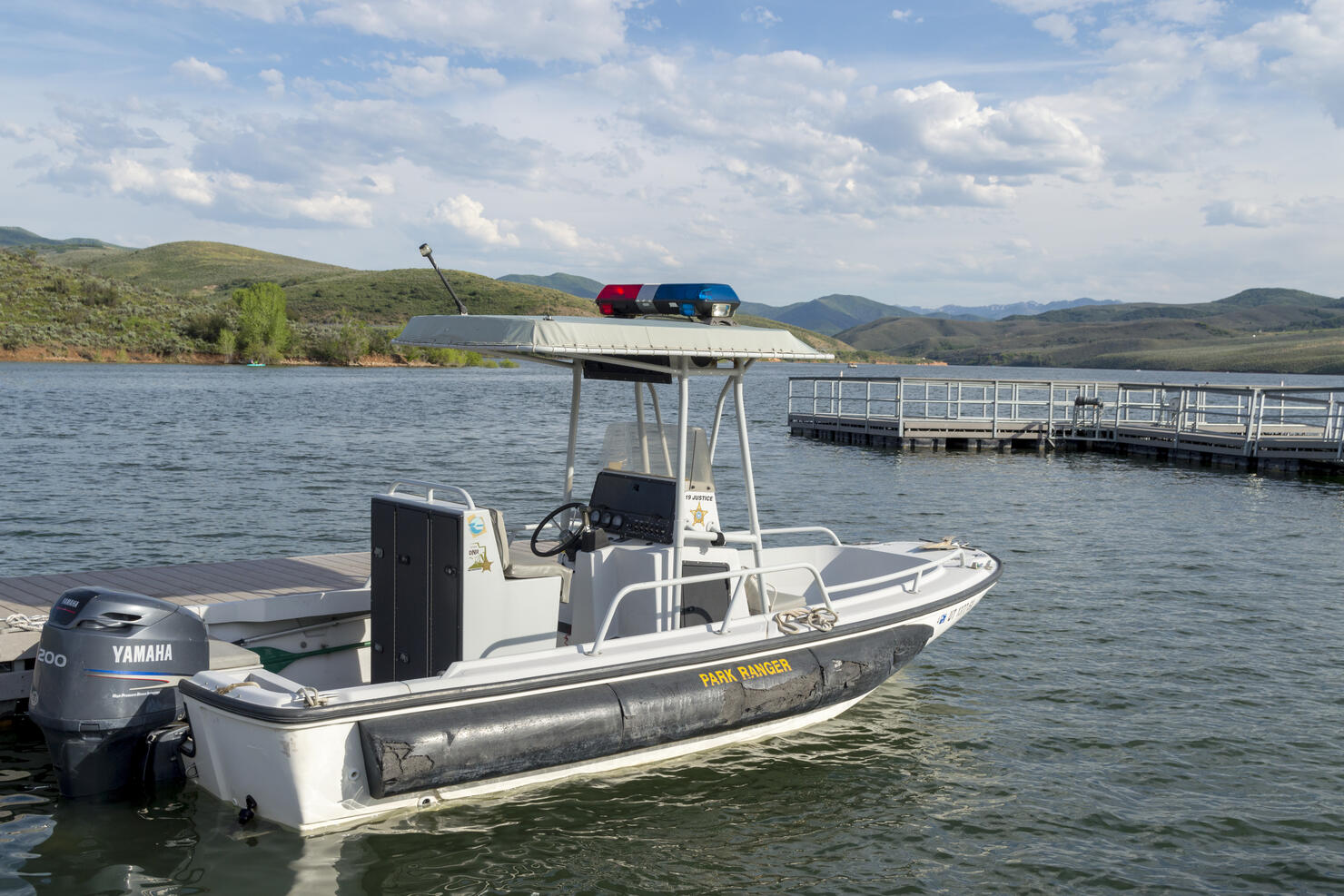 Ranger Police Boat Docked on the Water at East Canyon Reservoir