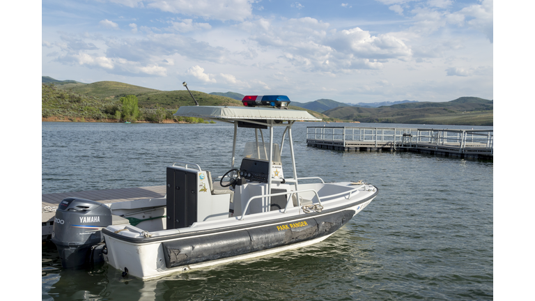 Ranger Police Boat Docked on the Water at East Canyon Reservoir