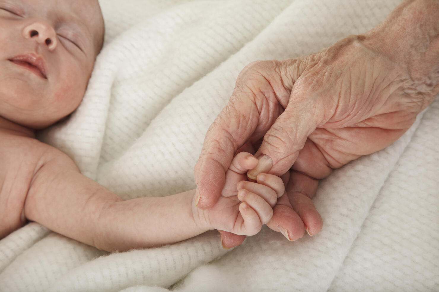 sleeping baby holding great grandmother's hand