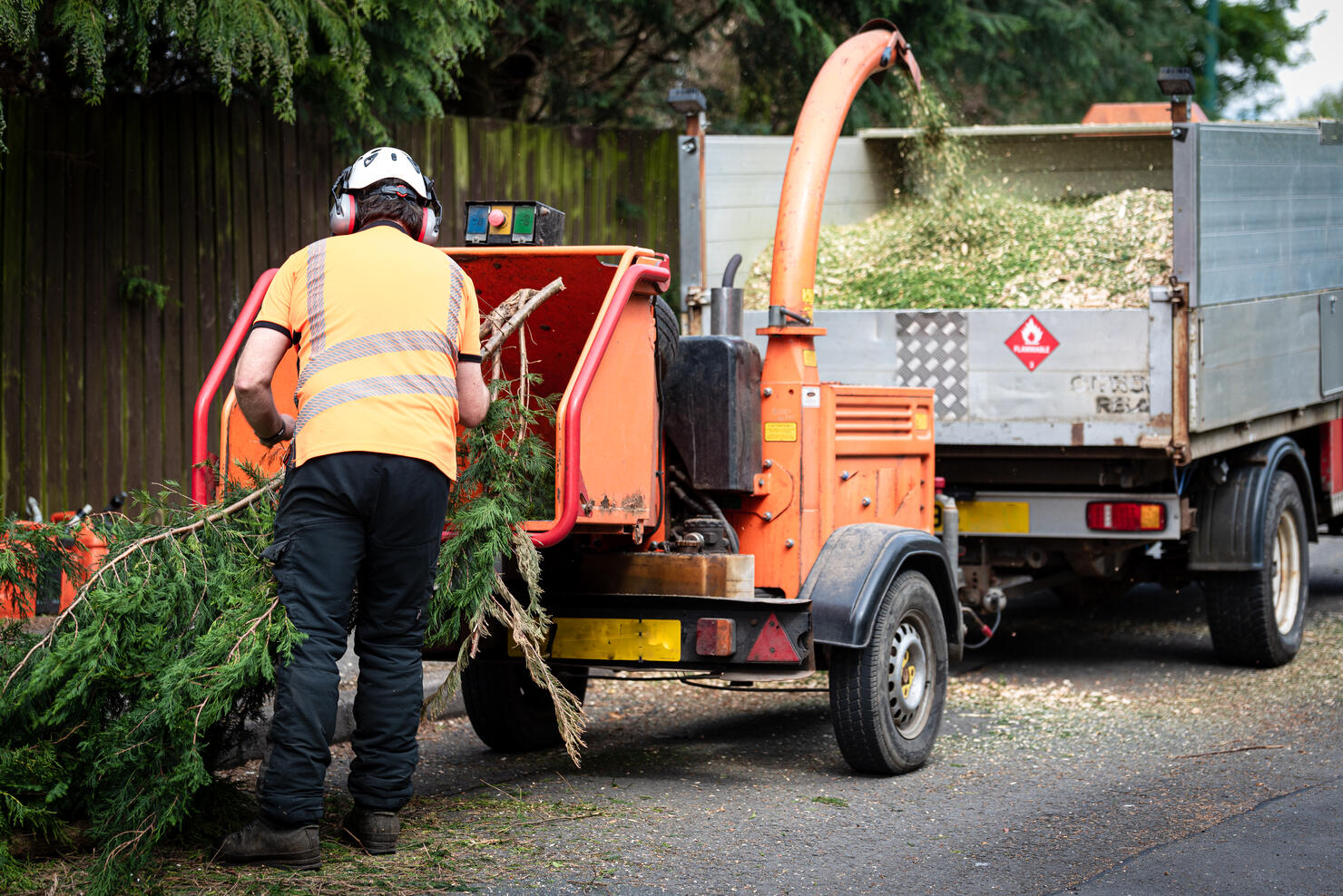 Male Arborist using a wood chipper machine